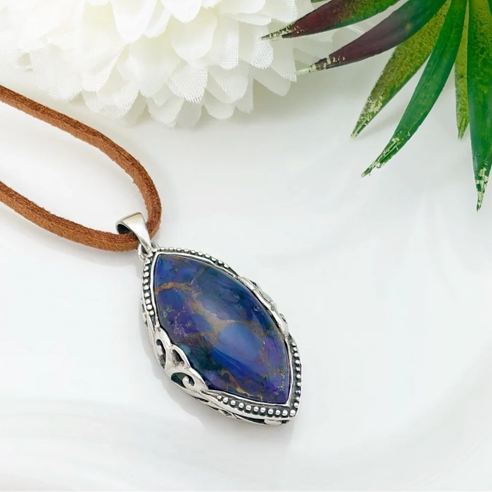 Vintage Sterling Silver 925 Purple Copper Turquoise Pendant Marquise Southwest